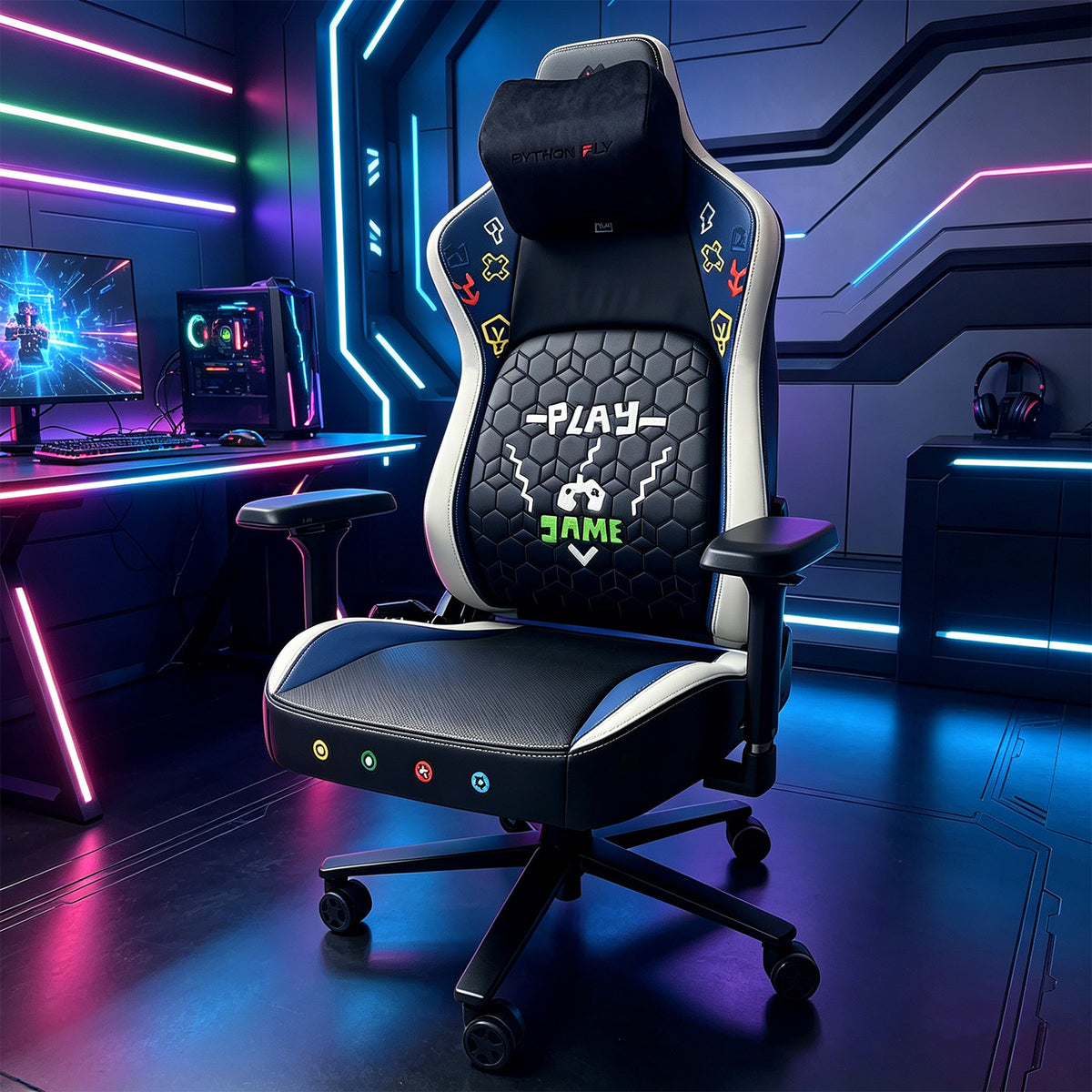 Cadeira gamer Pythonfly RETROGAME em ambiente de setup gamer com luzes RGB, funções de massagem, ventilação e aquecimento