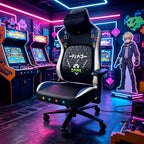 Cadeira gamer Pythonfly RETROGAME no setup de fliperama retro com iluminação RGB, cadeira com massagem, ventilação e aquecimento