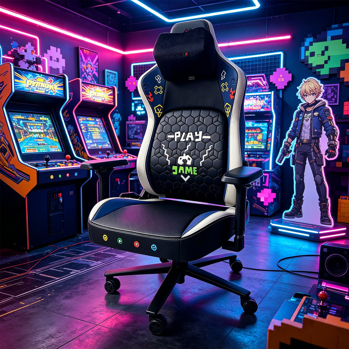 Cadeira gamer Pythonfly RETROGAME no setup de fliperama retro com iluminação RGB, cadeira com massagem, ventilação e aquecimento