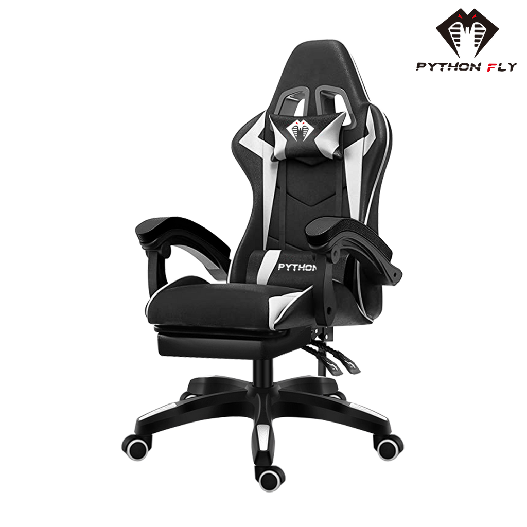Cadeira de jogos nova em cor preta - Vista frontal mostrando o design ergonômico, com o apoio de cabeça e lombar ajustáveis e apoios de braços acolchoados.