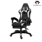 Cadeira de jogos nova em cor preta - Vista frontal mostrando o design ergonômico, com o apoio de cabeça e lombar ajustáveis e apoios de braços acolchoados.