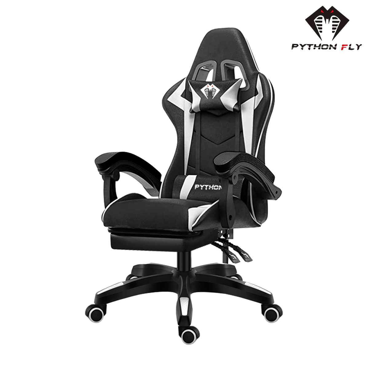 Cadeira de jogos nova em cor preta - Vista frontal mostrando o design ergonômico, com o apoio de cabeça e lombar ajustáveis e apoios de braços acolchoados.