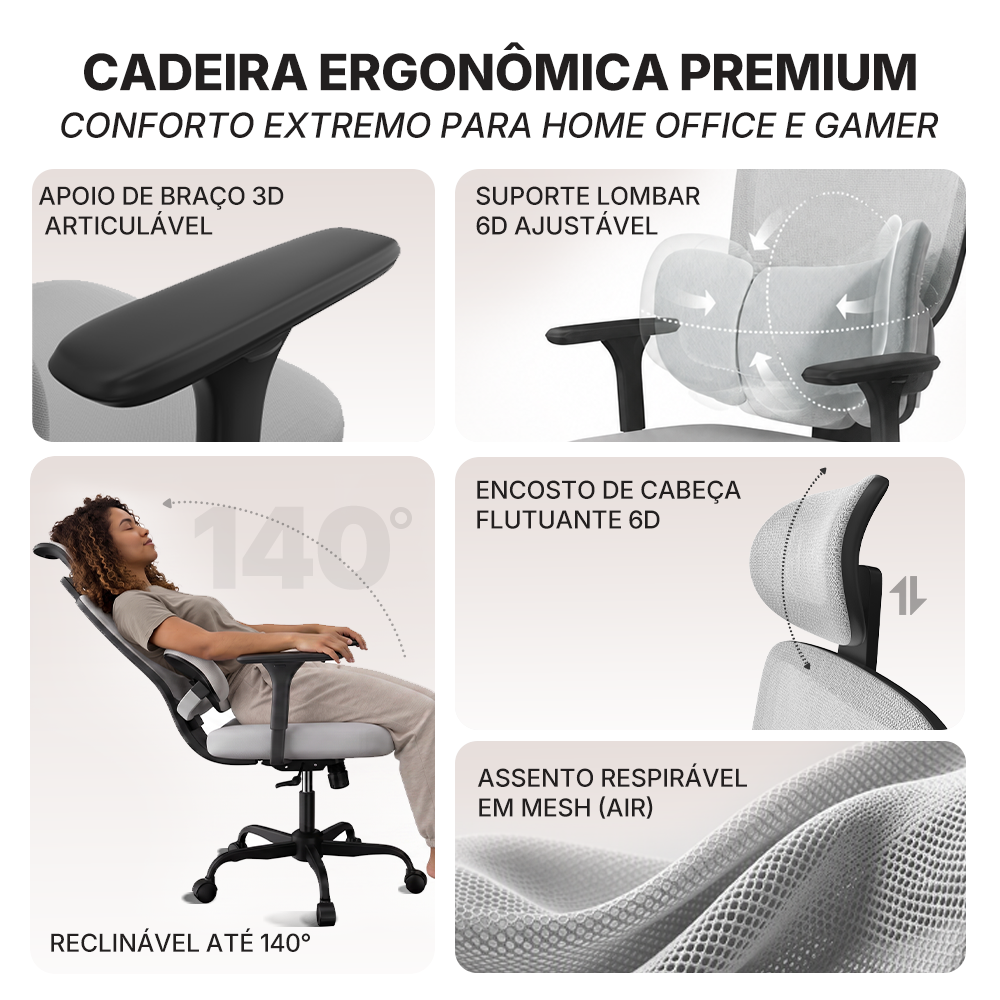 Cadeira ergonômica premium Pythonfly Aligna, detalhes: braço 3D, suporte lombar 6D, reclinável 140°