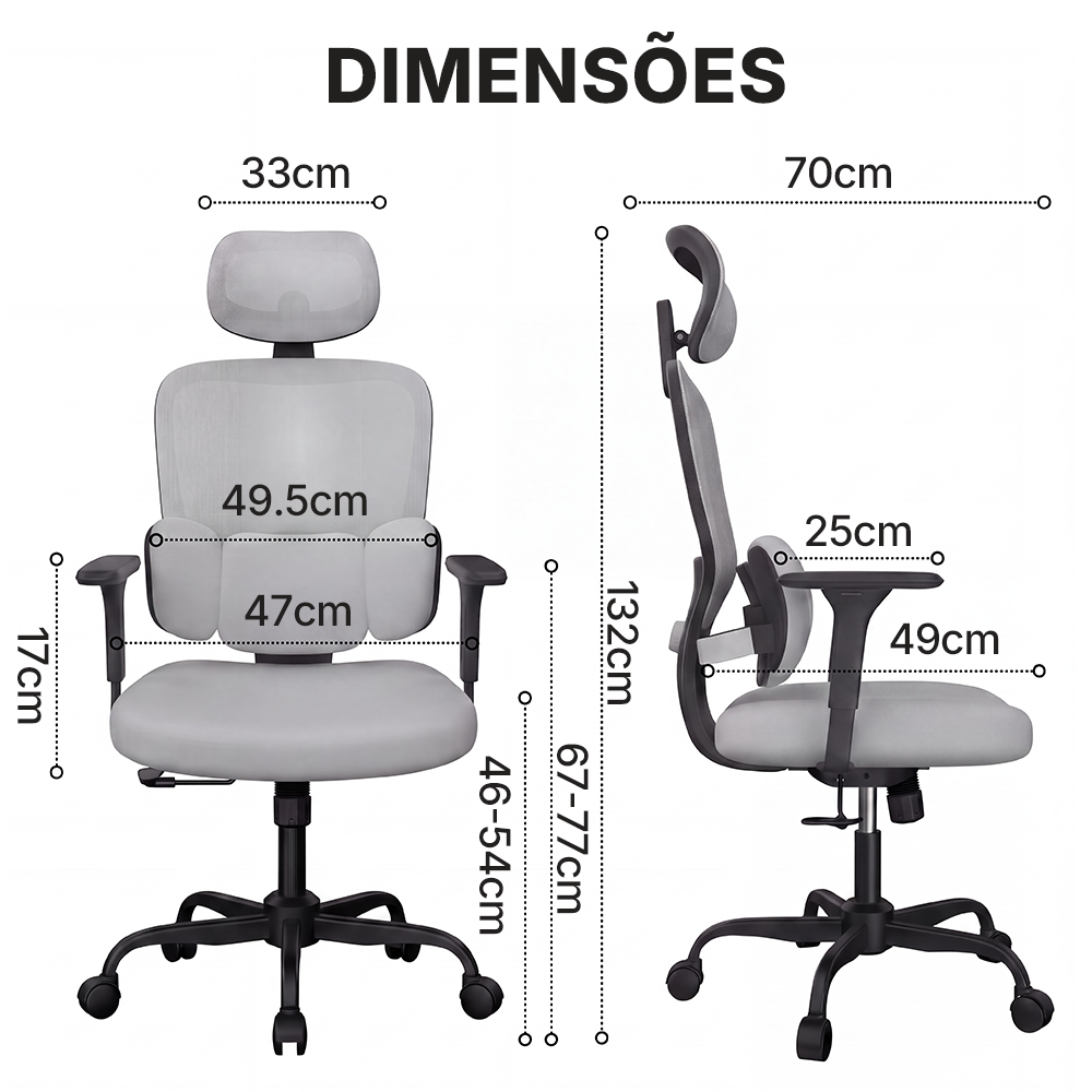 Dimensões oficiais da cadeira ergonômica Pythonfly Aligna, medidas completas da cadeira para escritório