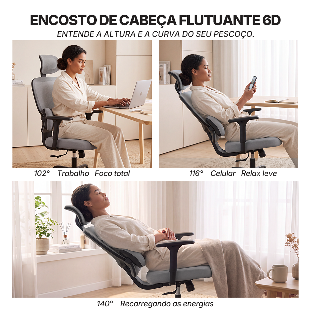 Cadeira ergonômica Pythonfly Aligna com 3 posições de reclínio: 102°,116°,140° para trabalho e descanso