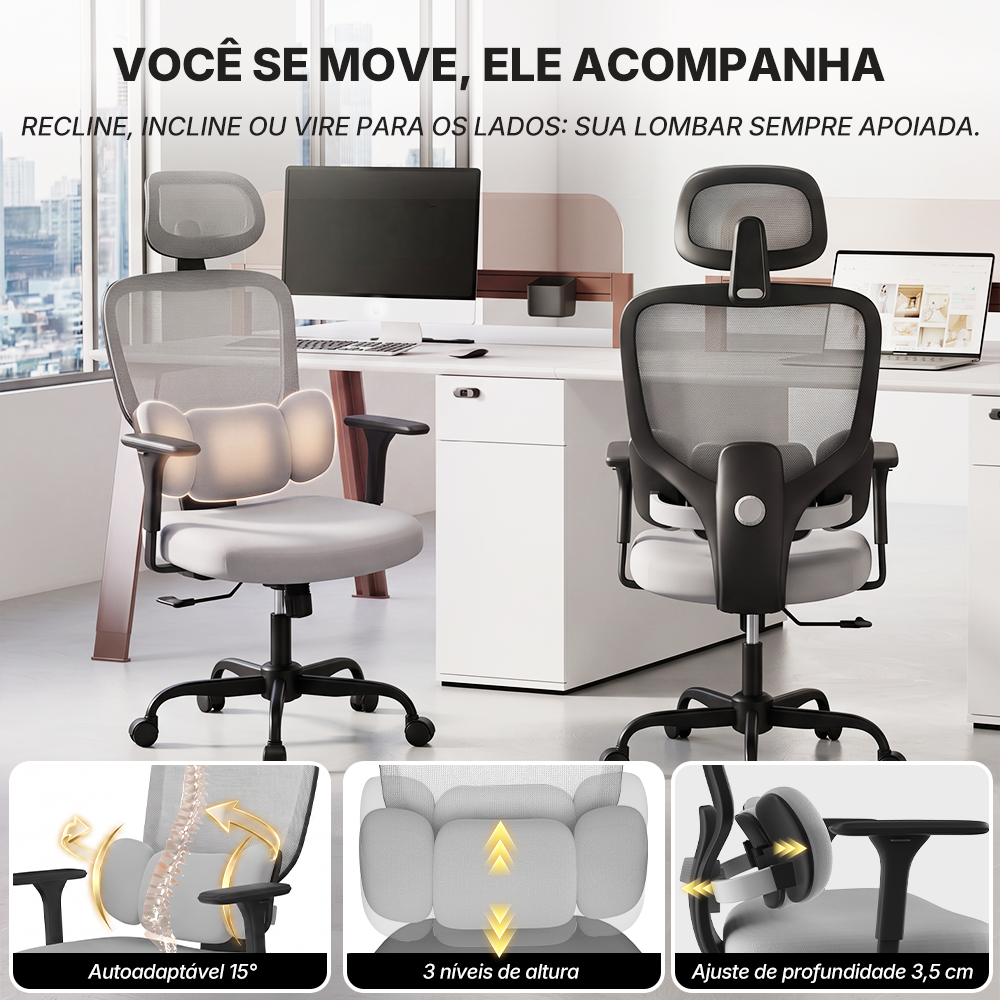 Cadeira ergonômica Pythonfly Aligna, suporte lombar autoadaptável 15°, ajuste de altura e profundidade