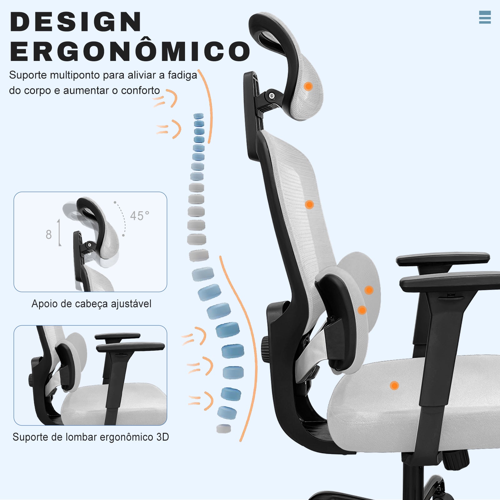 Design ergonômico Pythonfly Aligna suporte multiponto coluna, ajuste cabeça e lombar