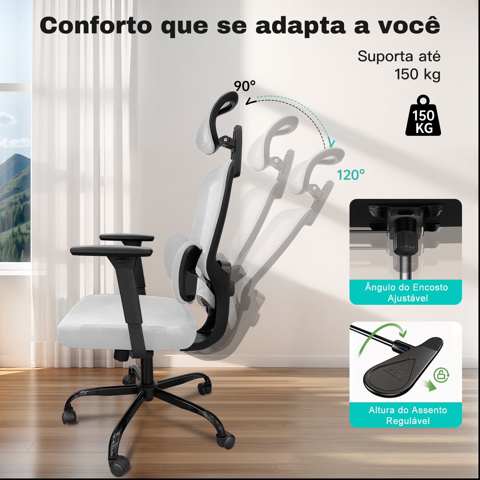 Cadeira Pythonfly Aligna encosto reclinável até 120°, regulagem altura assento suporta 150kg