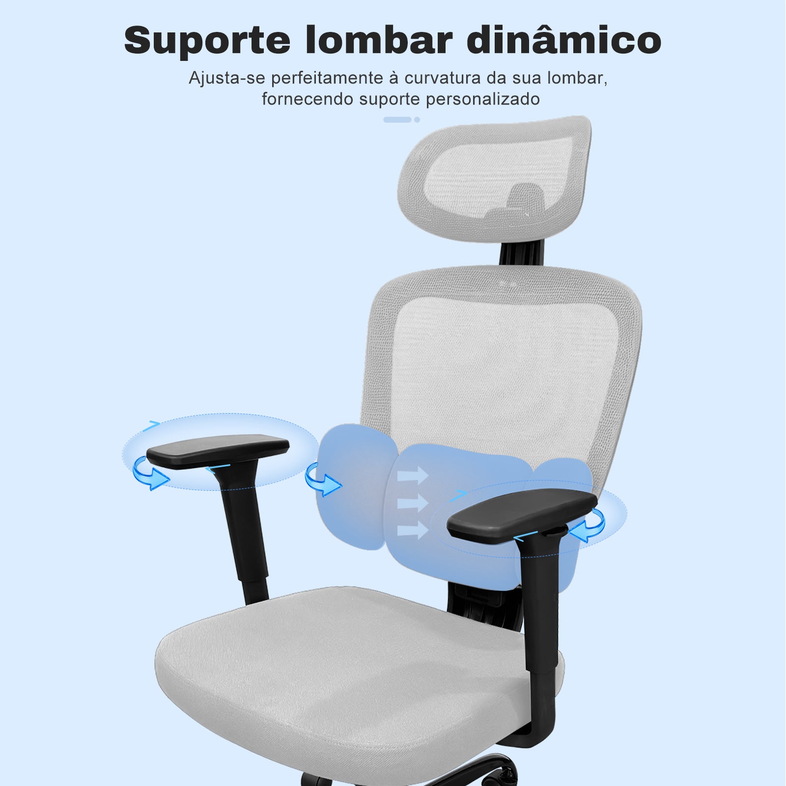 Suporte lombar dinâmico 3D cadeira Pythonfly Aligna adapta curvatura da coluna