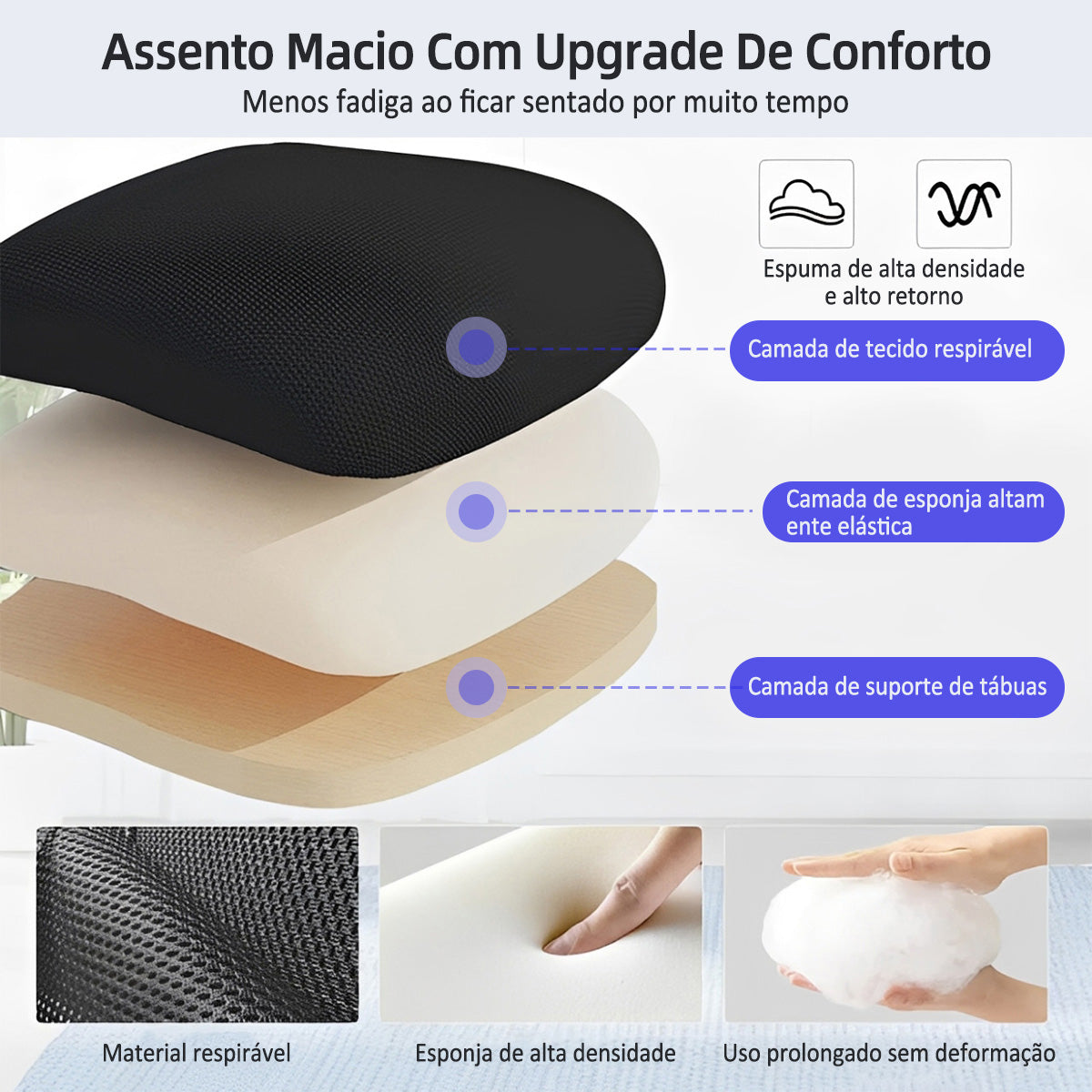 Assento macio espuma alta densidade cadeira Pythonfly sem deformação uso prolongado