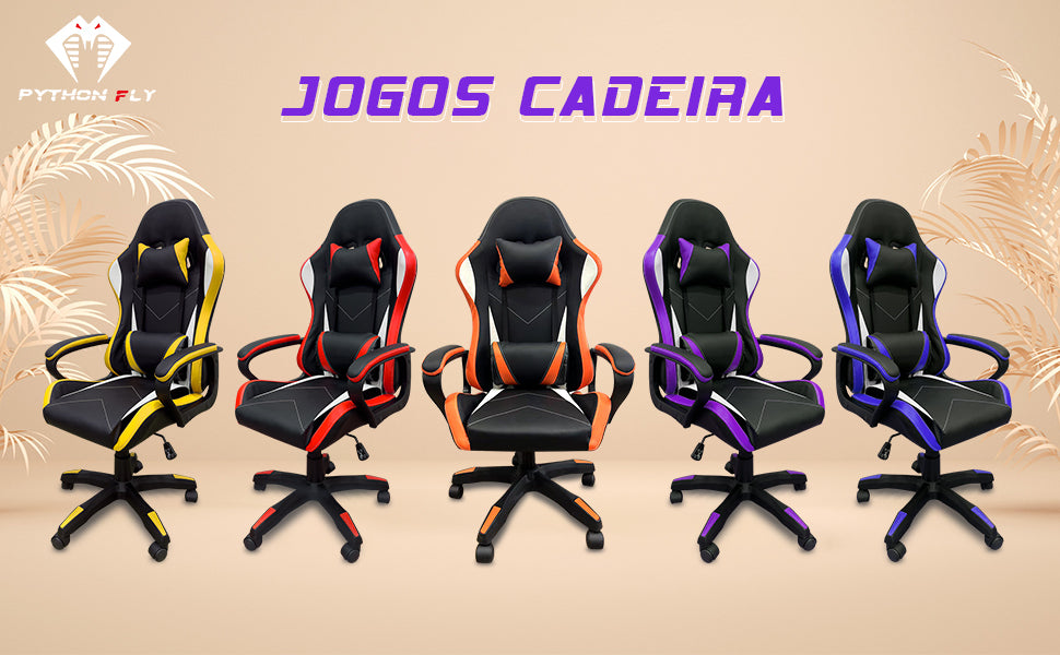 Cinco cadeiras gamer Python Fly em cores diferentes (amarela, vermelha, laranja, roxa, azul) sobre fundo neutro.
